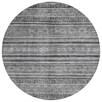 8' Gray Silver And Charcoal Round Southwestern Washable Indoor Outdoor Area Rug