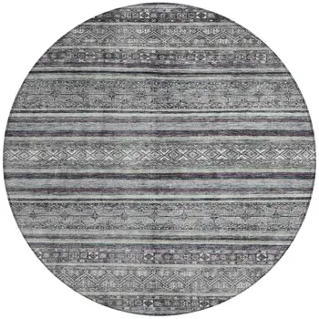 8' Gray Silver And Charcoal Round Southwestern Washable Indoor Outdoor Area Rug
