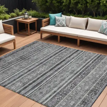 10' X 14' Gray Silver And Charcoal Southwestern Washable Indoor Outdoor Area Rug