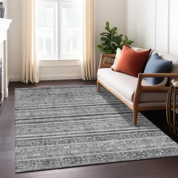 10' X 14' Gray Silver And Charcoal Southwestern Washable Indoor Outdoor Area Rug