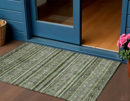 3' X 5' Olive Green Gray And Fern Green Southwestern Washable Indoor Outdoor Area Rug