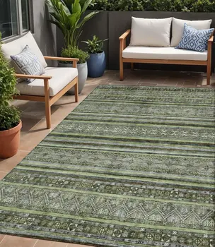 5' X 8' Olive Green Gray And Fern Green Southwestern Washable Indoor Outdoor Area Rug