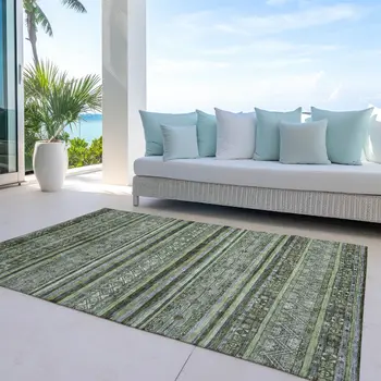9' X 12' Olive Green Gray And Fern Green Southwestern Washable Indoor Outdoor Area Rug