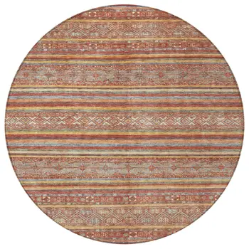 8' Rust Gold And Silver Round Southwestern Washable Indoor Outdoor Area Rug