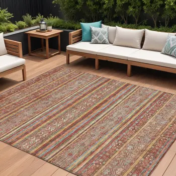 10' X 14' Rust Gold And Silver Southwestern Washable Indoor Outdoor Area Rug