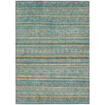 5' X 8' Teal Blue Gold And Taupe Southwestern Washable Indoor Outdoor Area Rug
