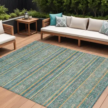 8' X 10' Teal Blue Gold And Taupe Southwestern Washable Indoor Outdoor Area Rug