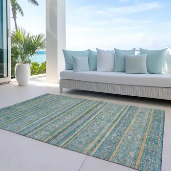 9' X 12' Teal Blue Gold And Taupe Southwestern Washable Indoor Outdoor Area Rug