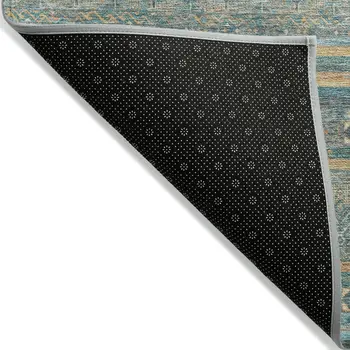 9' X 12' Teal Blue Gold And Taupe Southwestern Washable Indoor Outdoor Area Rug