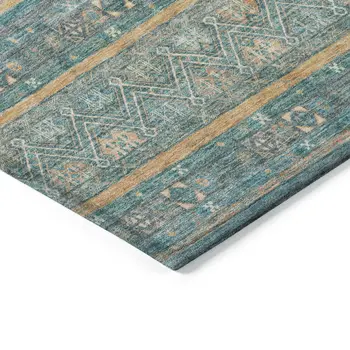 9' X 12' Teal Blue Gold And Taupe Southwestern Washable Indoor Outdoor Area Rug
