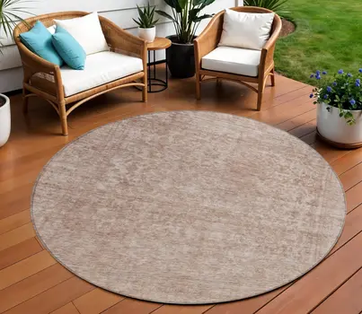 8' Copper And Beige Round Abstract Washable Indoor Outdoor Area Rug