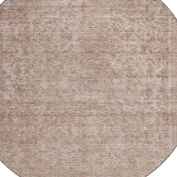 8' Copper And Beige Round Abstract Washable Indoor Outdoor Area Rug