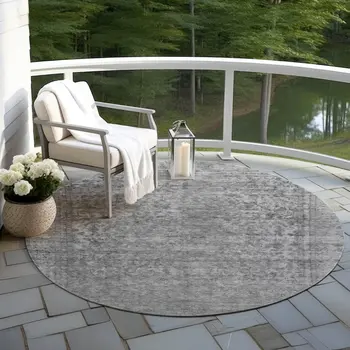 8' Gray And Beige Round Abstract Washable Indoor Outdoor Area Rug