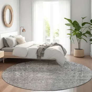 8' Gray And Beige Round Abstract Washable Indoor Outdoor Area Rug