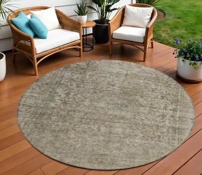 8' Pewter And Beige Round Abstract Washable Indoor Outdoor Area Rug