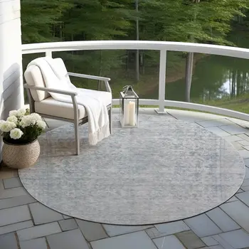 8' Silver And Beige Round Abstract Washable Indoor Outdoor Area Rug