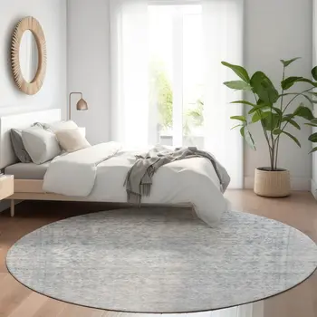 8' Silver And Beige Round Abstract Washable Indoor Outdoor Area Rug