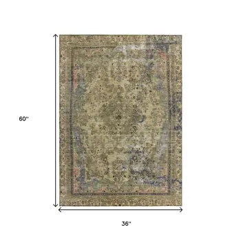 3' X 5' Artichoke Green And Denim Blue Medallion Washable Indoor Outdoor Area Rug