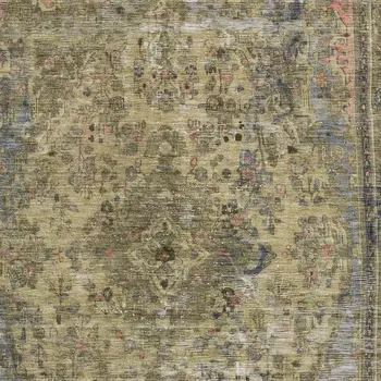 3' X 5' Artichoke Green And Denim Blue Medallion Washable Indoor Outdoor Area Rug