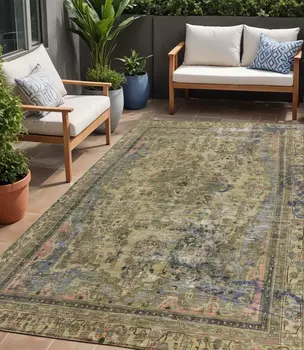 5' X 8' Artichoke Green And Denim Blue Medallion Washable Indoor Outdoor Area Rug