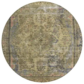 8' Artichoke Green And Denim Blue Round Medallion Washable Indoor Outdoor Area Rug