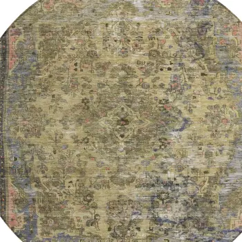 8' Artichoke Green And Denim Blue Round Medallion Washable Indoor Outdoor Area Rug