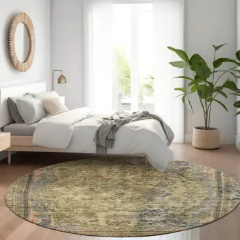 8' Artichoke Green And Denim Blue Round Medallion Washable Indoor Outdoor Area Rug