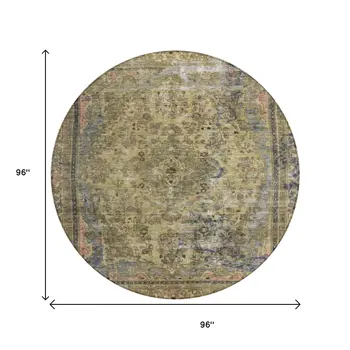 8' Artichoke Green And Denim Blue Round Medallion Washable Indoor Outdoor Area Rug