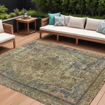 9' X 12' Artichoke Green And Denim Blue Medallion Washable Indoor Outdoor Area Rug