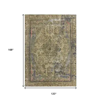 10' X 14' Artichoke Green And Denim Blue Medallion Washable Indoor Outdoor Area Rug