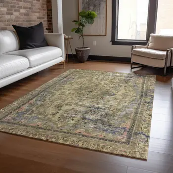 10' X 14' Artichoke Green And Denim Blue Medallion Washable Indoor Outdoor Area Rug