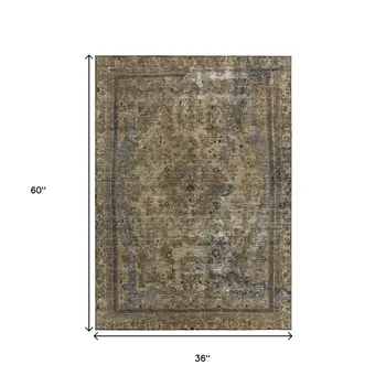 3' X 5' Brown And Denim Blue Medallion Washable Indoor Outdoor Area Rug