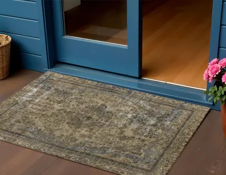 3' X 5' Brown And Denim Blue Medallion Washable Indoor Outdoor Area Rug