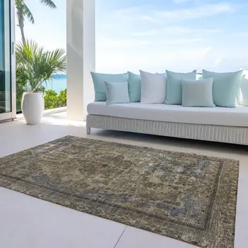 3' X 5' Brown And Denim Blue Medallion Washable Indoor Outdoor Area Rug