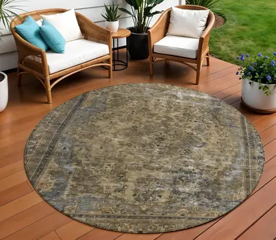 8' Brown And Denim Blue Round Medallion Washable Indoor Outdoor Area Rug
