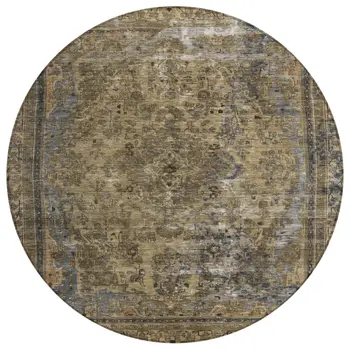 8' Brown And Denim Blue Round Medallion Washable Indoor Outdoor Area Rug