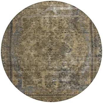 8' Brown And Denim Blue Round Medallion Washable Indoor Outdoor Area Rug