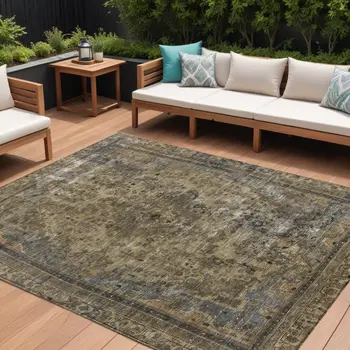 9' X 12' Brown And Denim Blue Medallion Washable Indoor Outdoor Area Rug