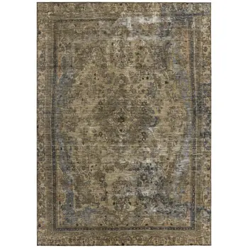 10' X 14' Brown And Denim Blue Medallion Washable Indoor Outdoor Area Rug