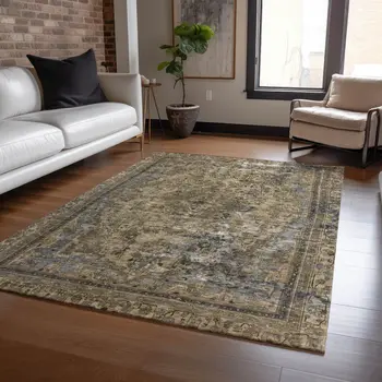 10' X 14' Brown And Denim Blue Medallion Washable Indoor Outdoor Area Rug