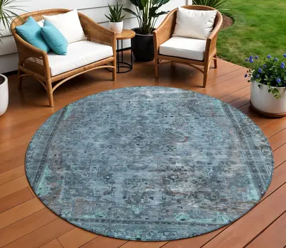 8' Blue And Gray Round Medallion Washable Indoor Outdoor Area Rug