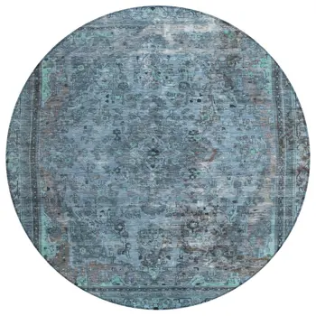 8' Blue And Gray Round Medallion Washable Indoor Outdoor Area Rug