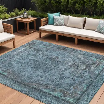 8' X 10' Blue And Gray Medallion Washable Indoor Outdoor Area Rug