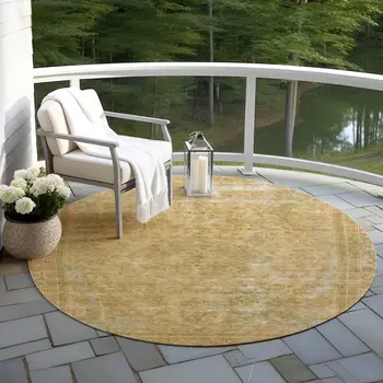 8' Coral And Wheat Round Medallion Washable Indoor Outdoor Area Rug