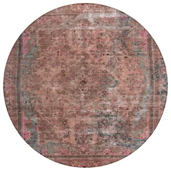 8' Pink And Mauve Round Medallion Washable Indoor Outdoor Area Rug