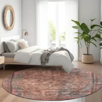 8' Pink And Mauve Round Medallion Washable Indoor Outdoor Area Rug