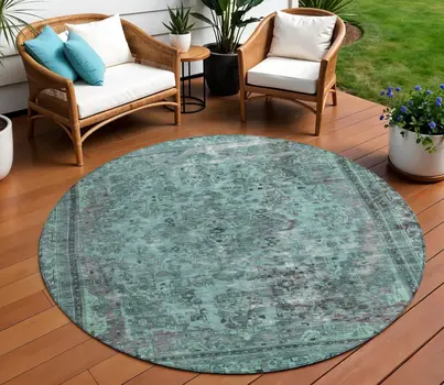 8' Teal Blue And Turquoise Round Medallion Washable Indoor Outdoor Area Rug