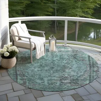 8' Teal Blue And Turquoise Round Medallion Washable Indoor Outdoor Area Rug