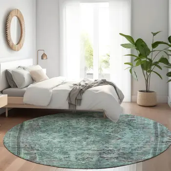 8' Teal Blue And Turquoise Round Medallion Washable Indoor Outdoor Area Rug
