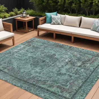 10' X 14' Teal Blue And Turquoise Medallion Washable Indoor Outdoor Area Rug